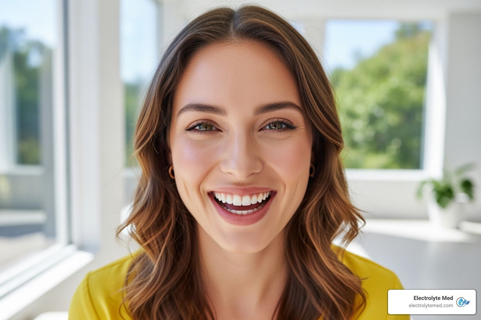 Woman with brown hair, smiling brightly, wearing yellow top, near a window.