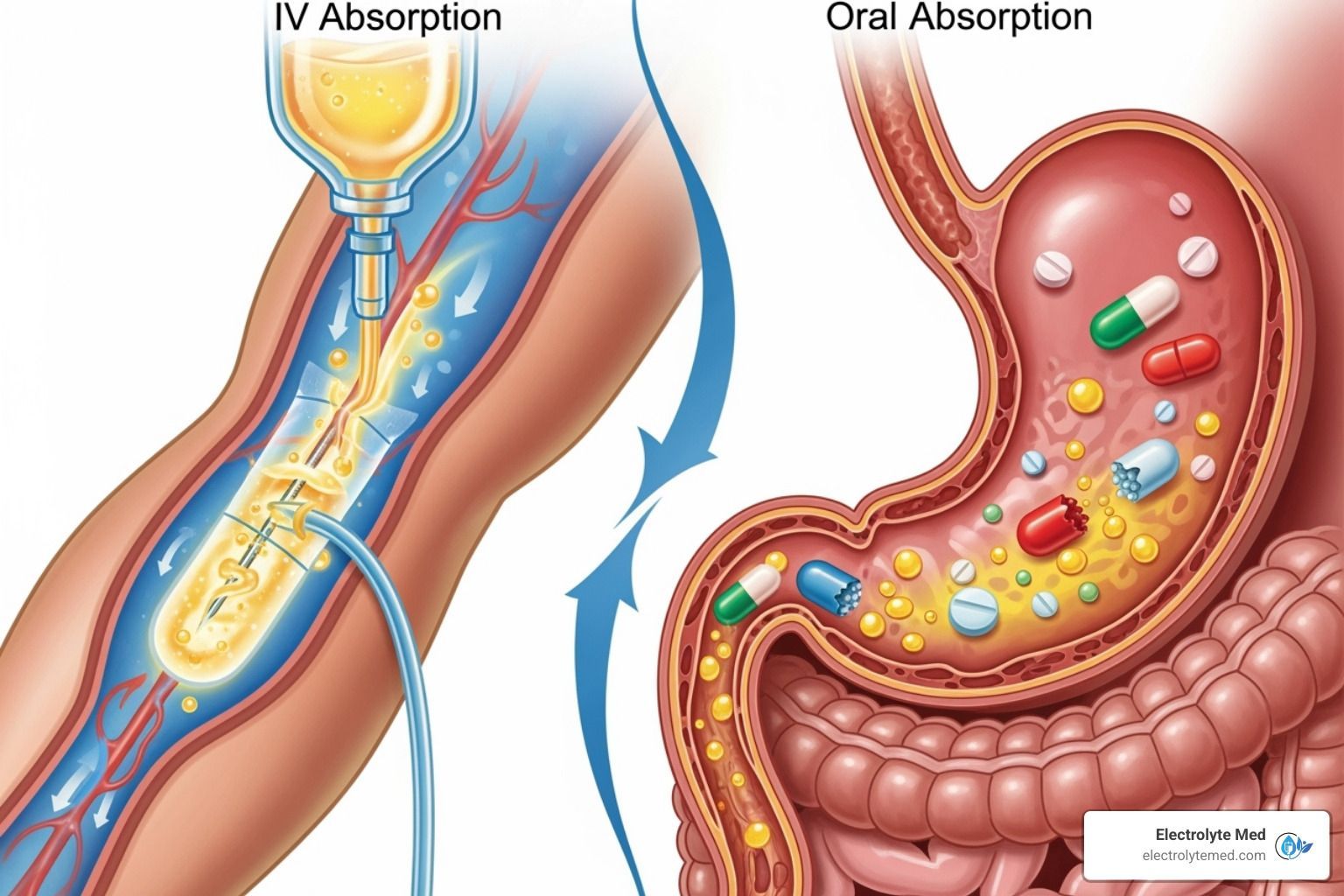 Illustration comparing IV drug absorption (in arm) and oral drug absorption (in stomach).