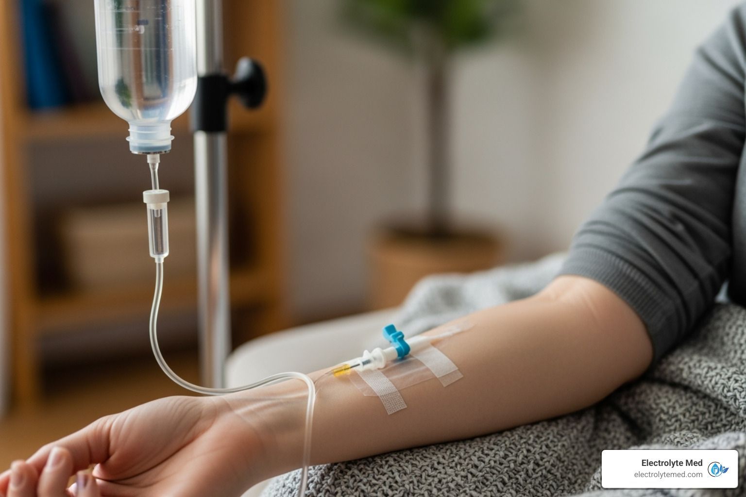Person receiving intravenous fluids in an arm, indoors. A clear bag hangs from a stand.