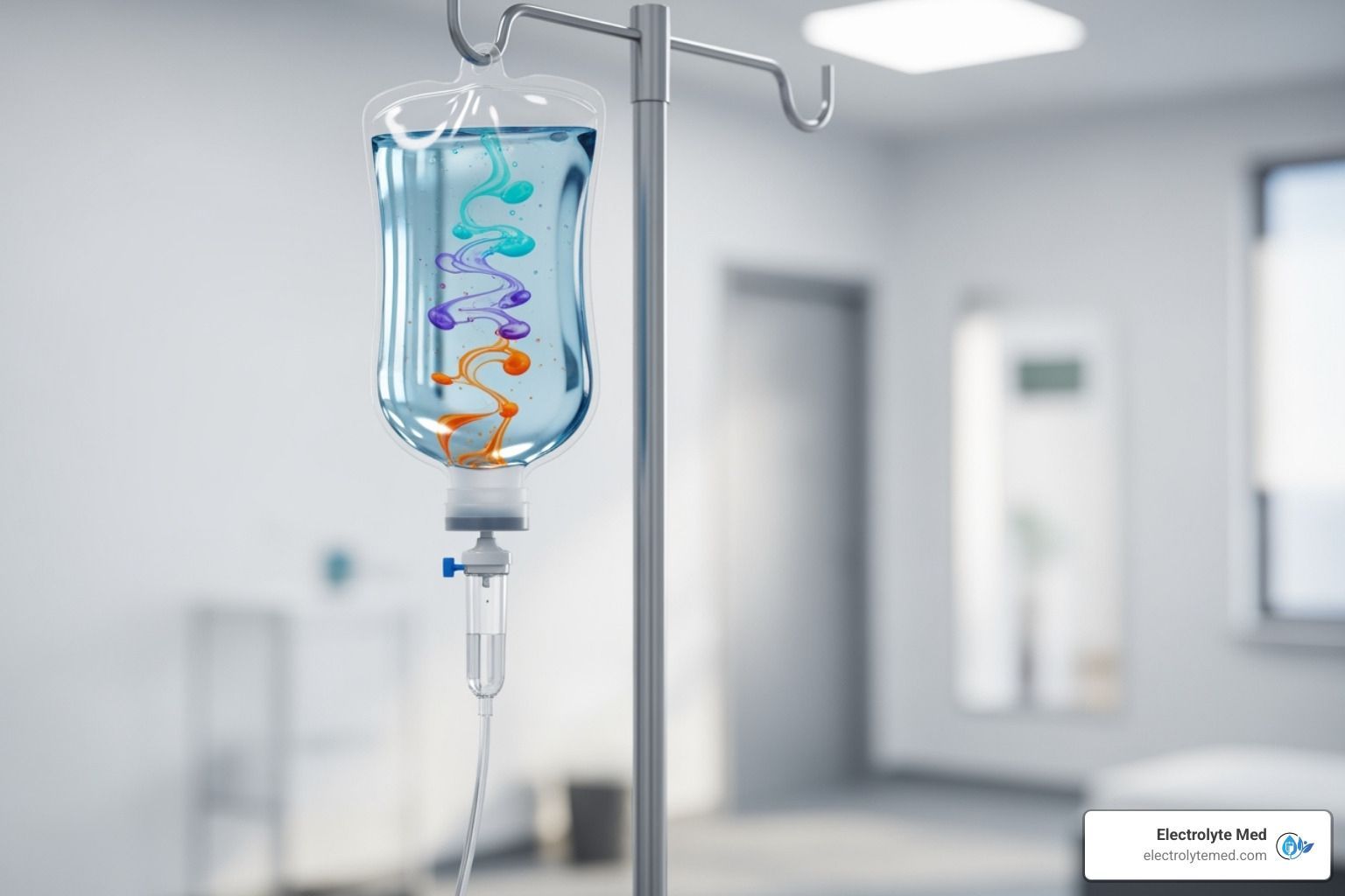 IV bag with colorful swirls, hanging in a bright hospital room.