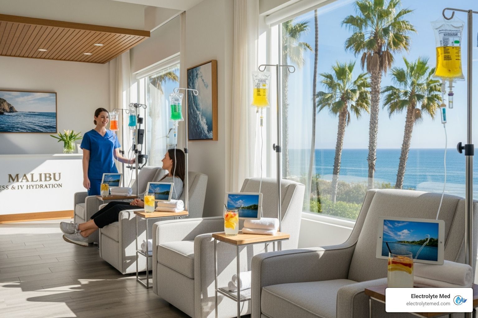 People receiving IV infusions in a bright room with ocean views.