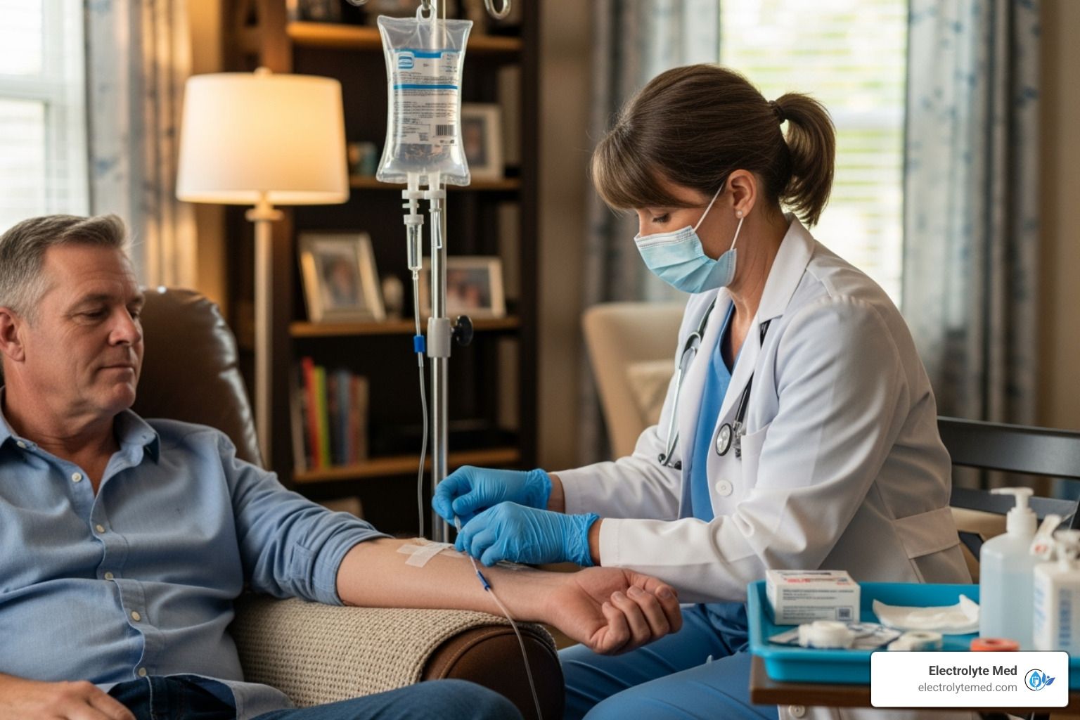 A nurse administers an IV to a man in a home setting.