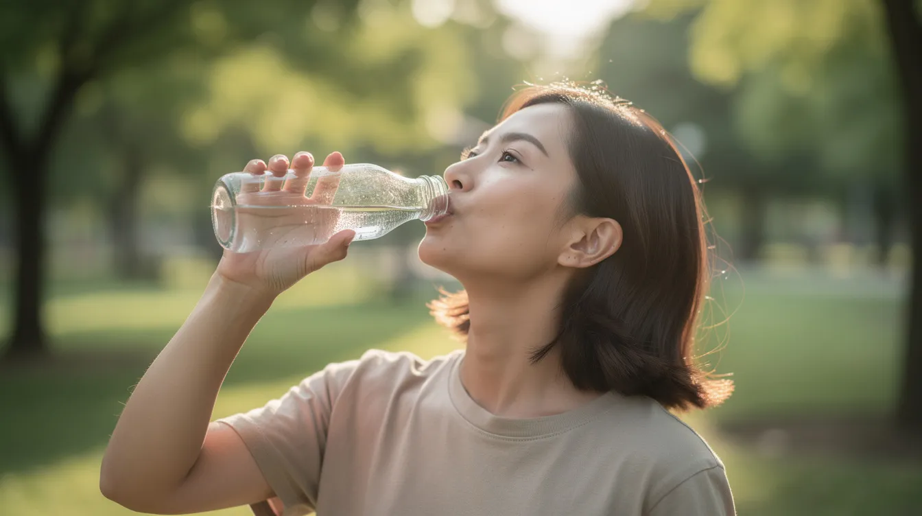 A person is enjoying a refreshing drink from a glass bottle while outdoors, surrounded by natural lighting. This scene highlights the importance of hydration, which is essential for maintaining energy levels and supporting overall health, similar to how IV hydration therapy delivers vital nutrients directly into the bloodstream.