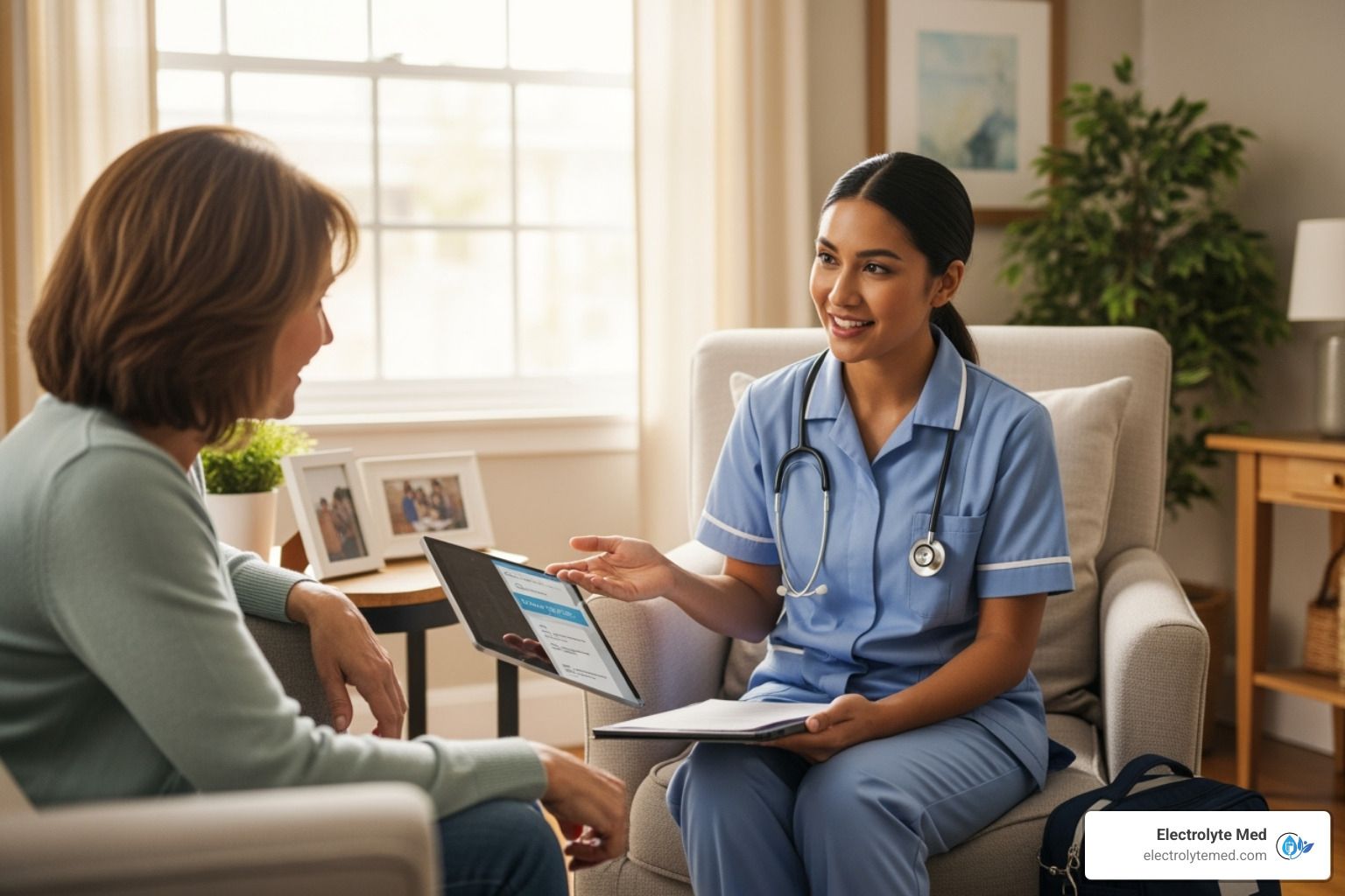A nurse in blue scrubs consults with a patient in a home setting. Both smile, discussing notes from a clipboard.