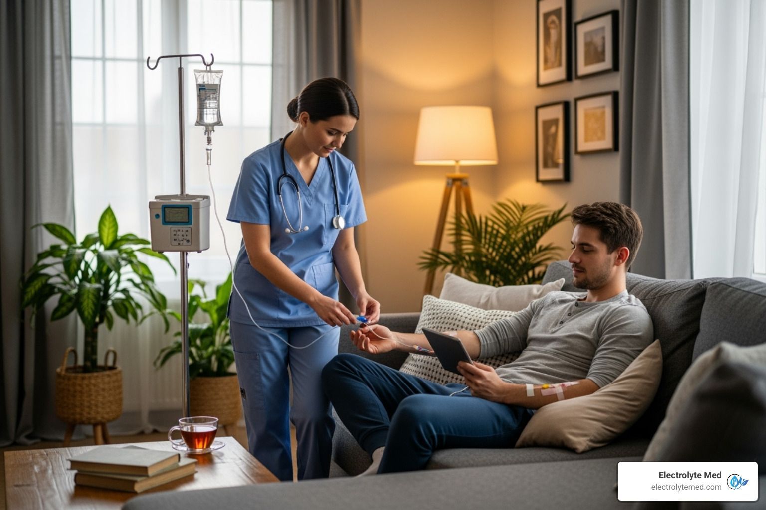 Nurse tending to a patient on a couch, administering IV fluids in a living room.