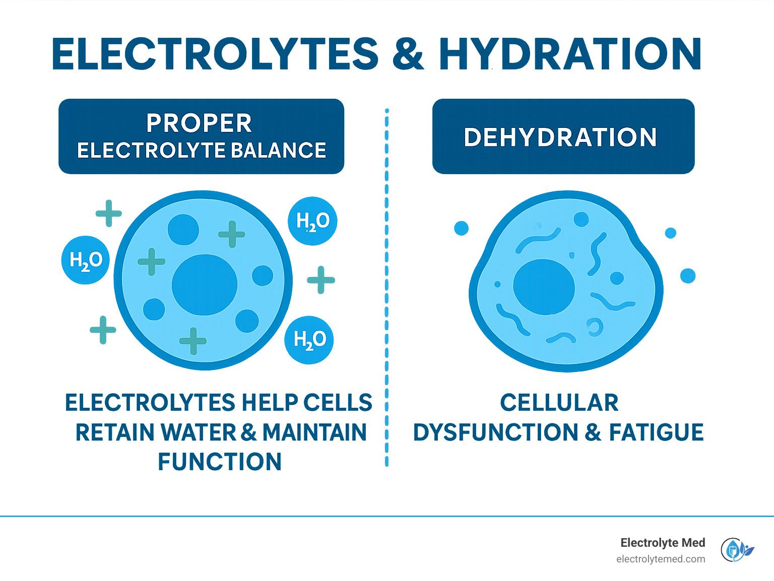 Infographic: Electrolytes & Hydration. Proper electrolyte balance vs. dehydration.