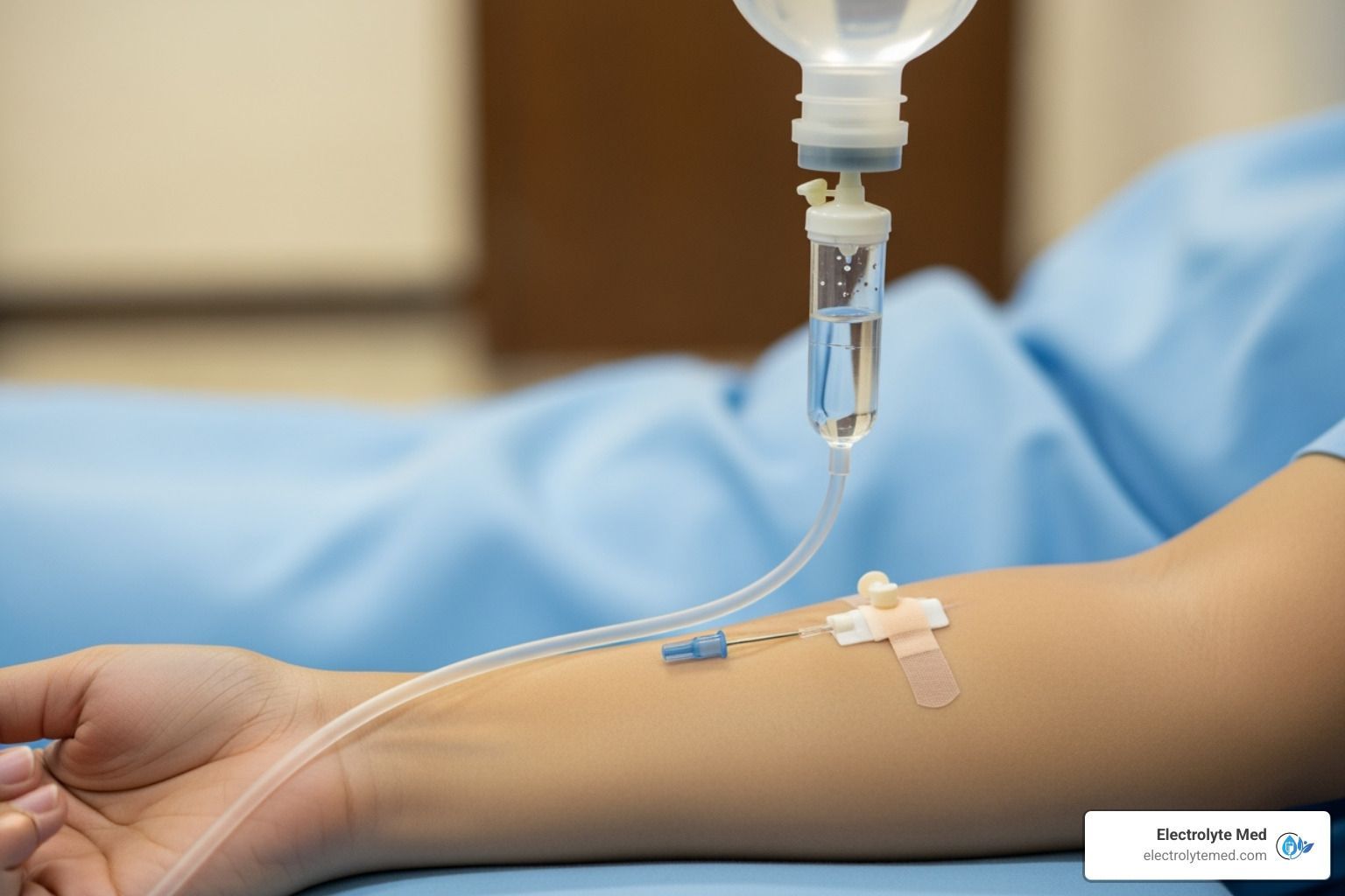 Arm with IV drip, connected to a fluid bag, on a patient in a hospital bed.