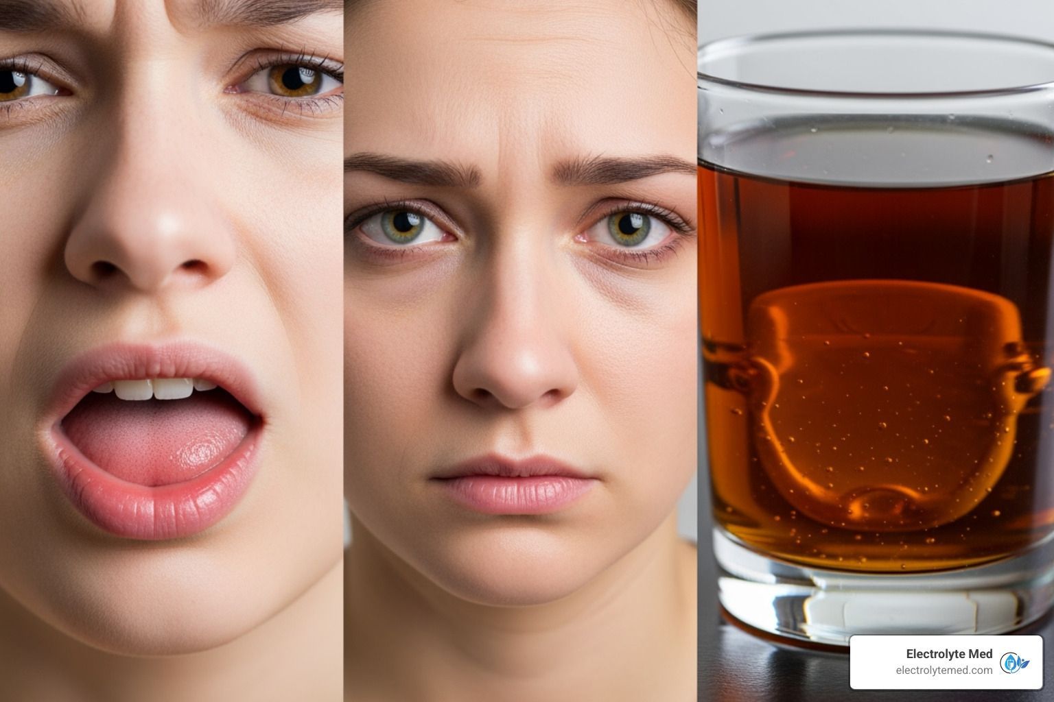 Three women with expressions of disgust and a glass of dark liquid with an ice cube.