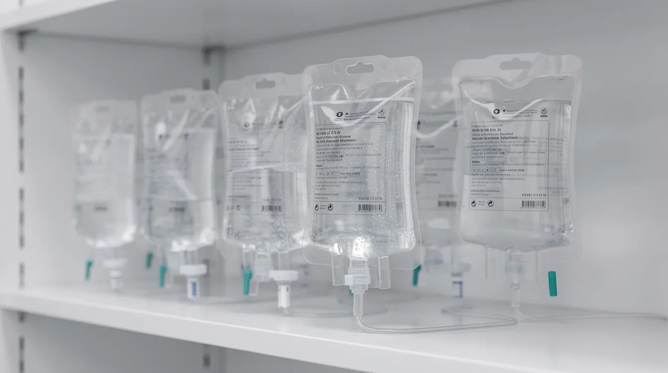 The image shows multiple clear IV solution bags of various sizes neatly arranged on a medical supply shelf, highlighting the importance of IV hydration therapy in delivering essential nutrients and medications directly into the bloodstream for effective treatment of dehydration and vitamin deficiencies.