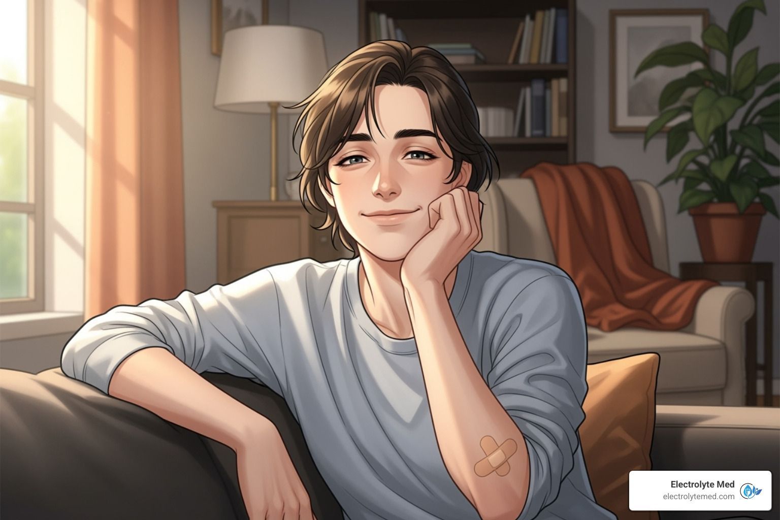 Young man with dark hair, smiling on a couch. Relaxed indoors setting, bandage on arm.