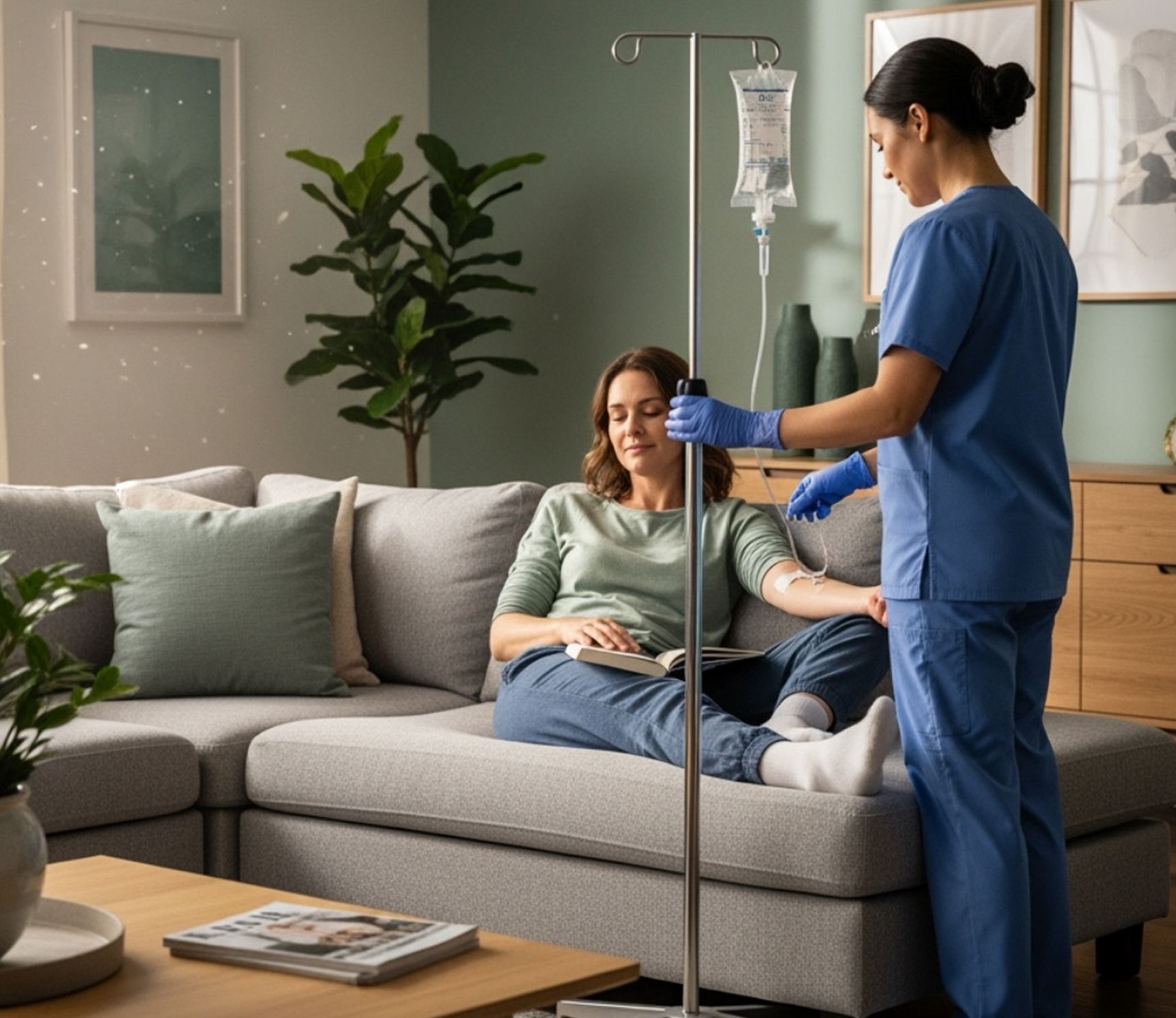 Nurse administering IV drip to a woman sitting on a couch in a living room.