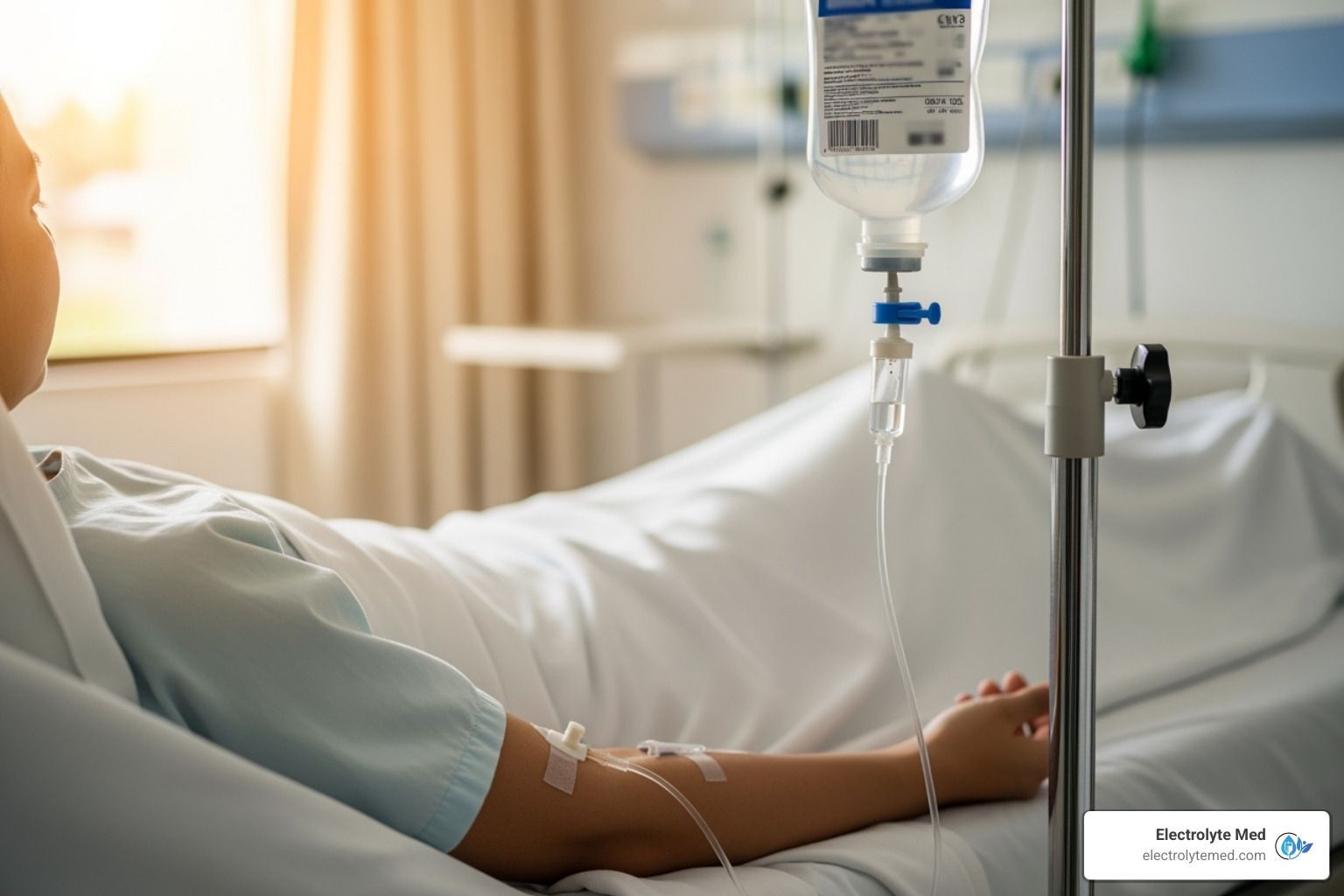 Patient receiving intravenous fluids in a hospital bed. Sunlight streams in, illuminating the scene.