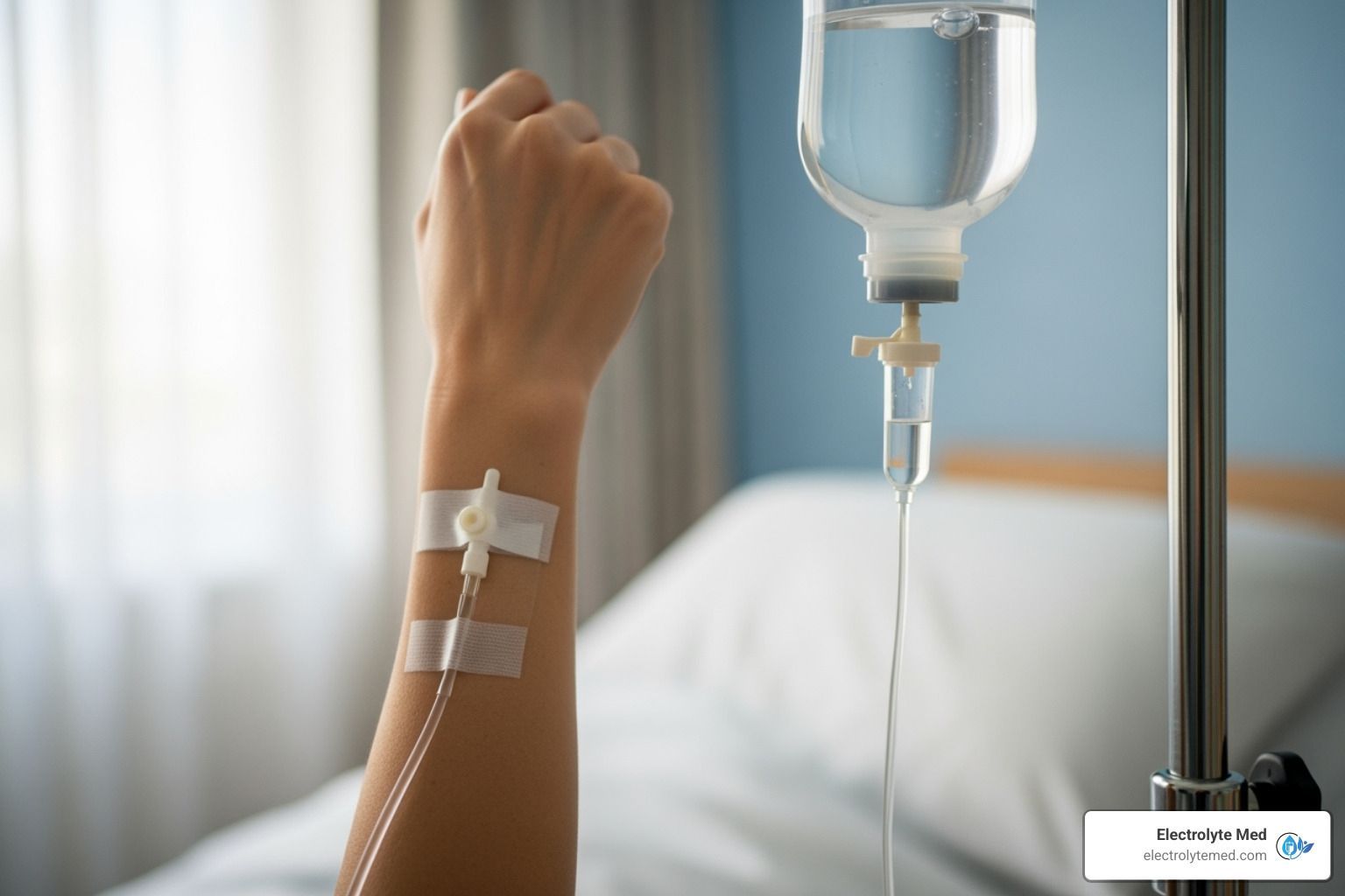 A person's arm with an IV drip in a hospital room; a clear fluid bag hangs above the arm.