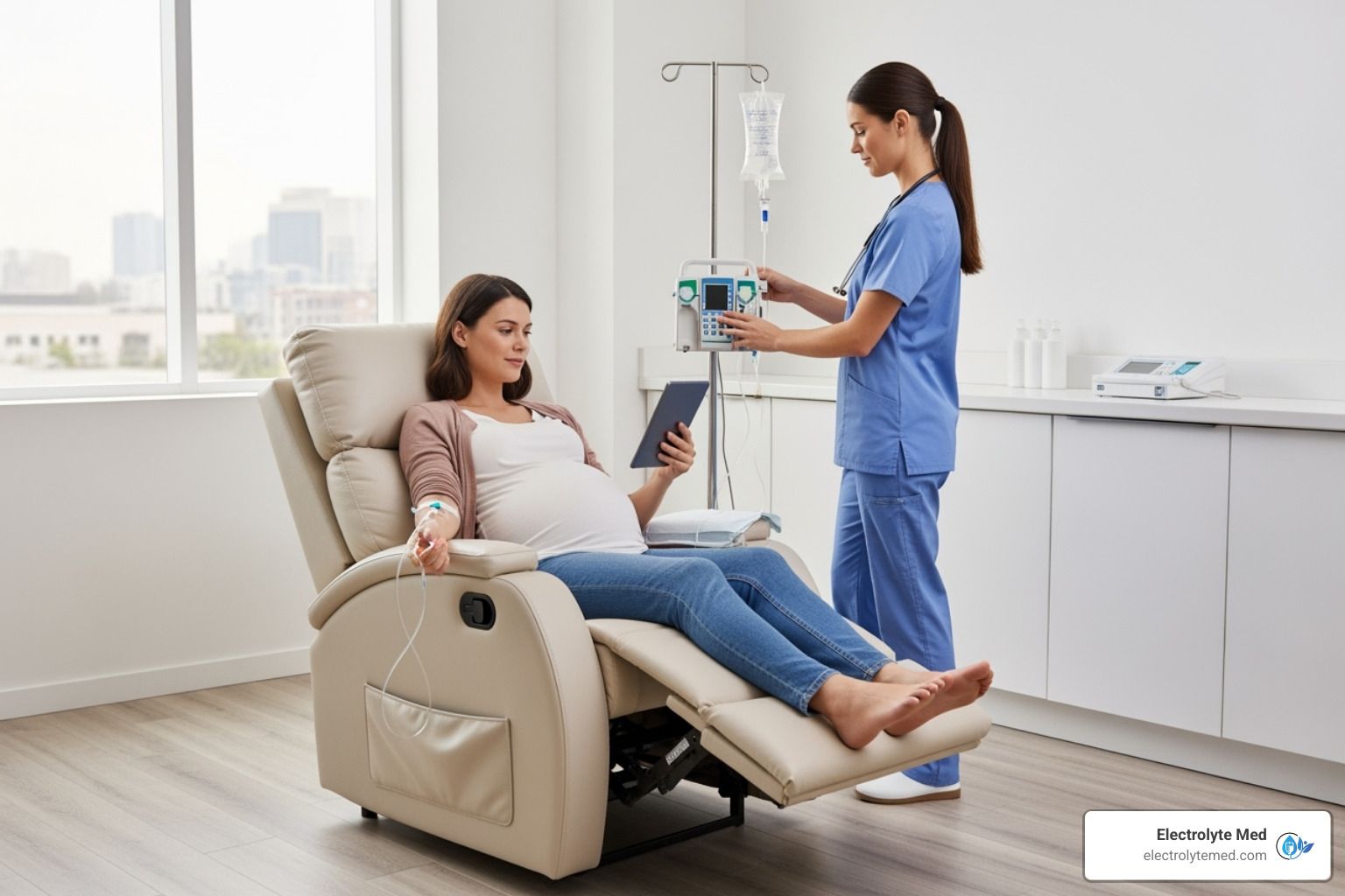Pregnant woman receiving IV fluids from a nurse in a medical setting.