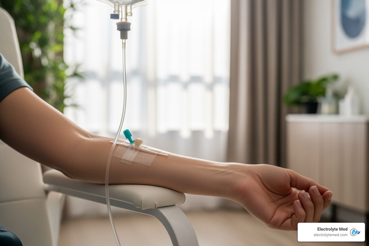 A person's arm receiving an IV drip. The arm is resting on a chair, indoors.