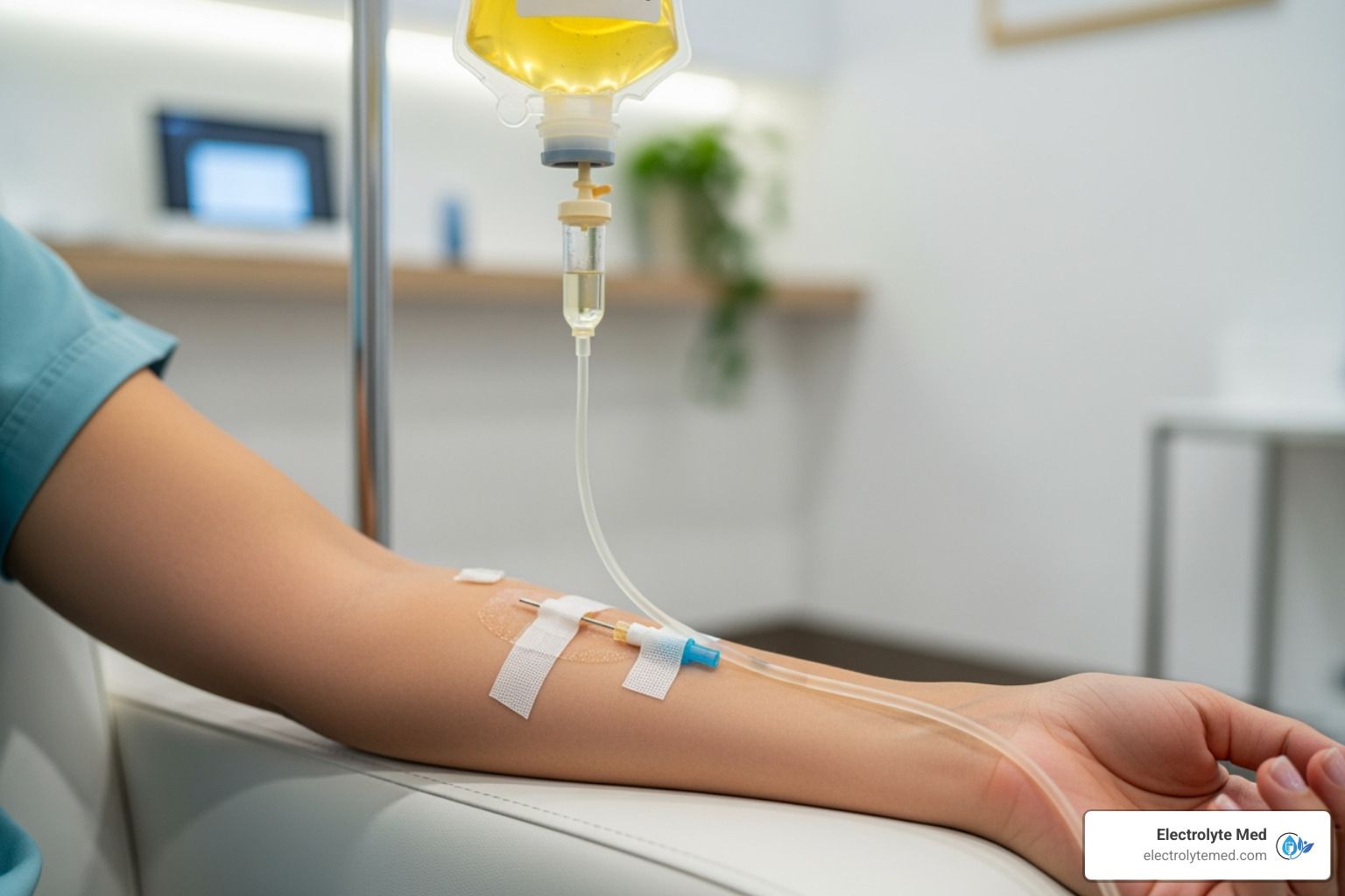 Person receiving IV fluids in an arm. Yellow liquid drips from a bag, held on a stand, into a catheter.