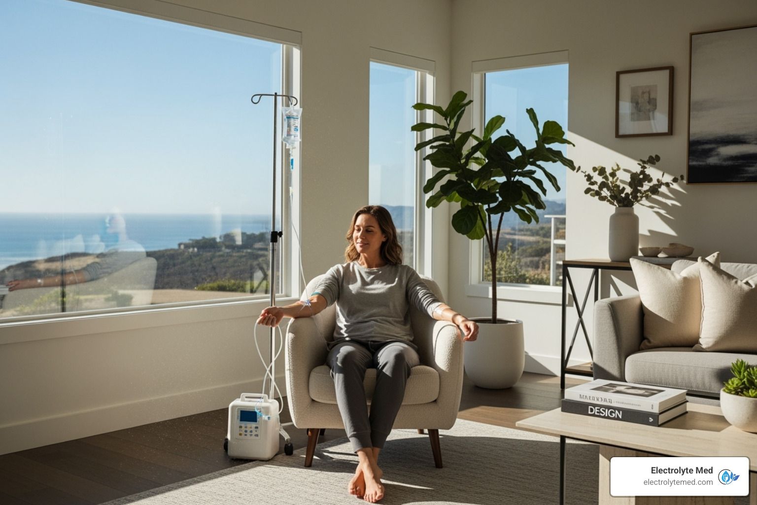Woman receiving IV therapy, sitting in a chair by a window overlooking the ocean, smiling.