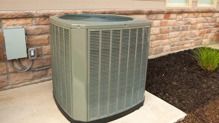 An air conditioner is sitting on the side of a brick building.