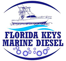 Logo for Florida Keys Marine Diesel featuring a boat illustration, blue wave, and gear icons inside an oval frame.