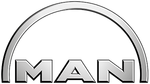 The silver, metallic logo for MAN, featuring the letters 