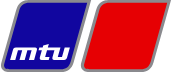 The MTU company logo: a blue parallelogram containing the white letters 