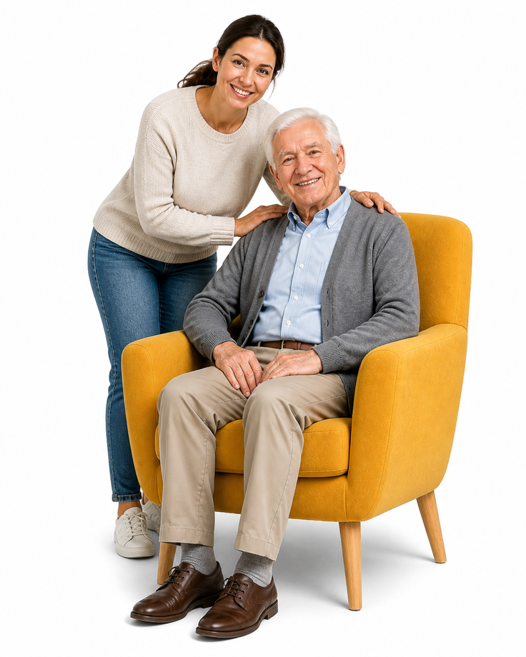 Eine Krankenschwester hilft einer älteren Person im Rollstuhl. Sie befinden sich in einem Innenraum.