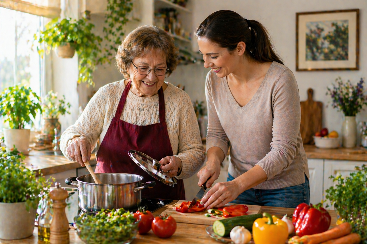 Zwei Personen kochen gemeinsam in einer hellen Küche, rühren in einem Topf und schneiden Gemüse auf der Arbeitsfläche.