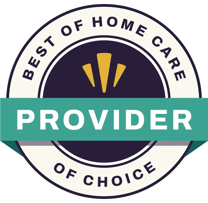 A circular Best of Home Care Provider of Choice award badge in blue, cream, and gold.