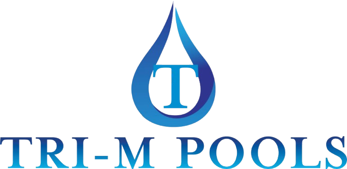 The logo for Tri-M Pools features a blue water drop icon containing a capital letter T, above the blue text TRI-M POOLS.