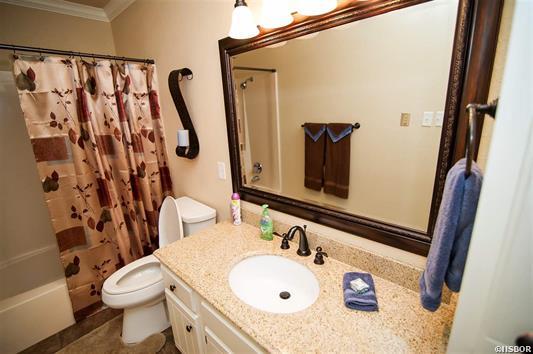 A bathroom with a toilet , sink , mirror and shower curtain.