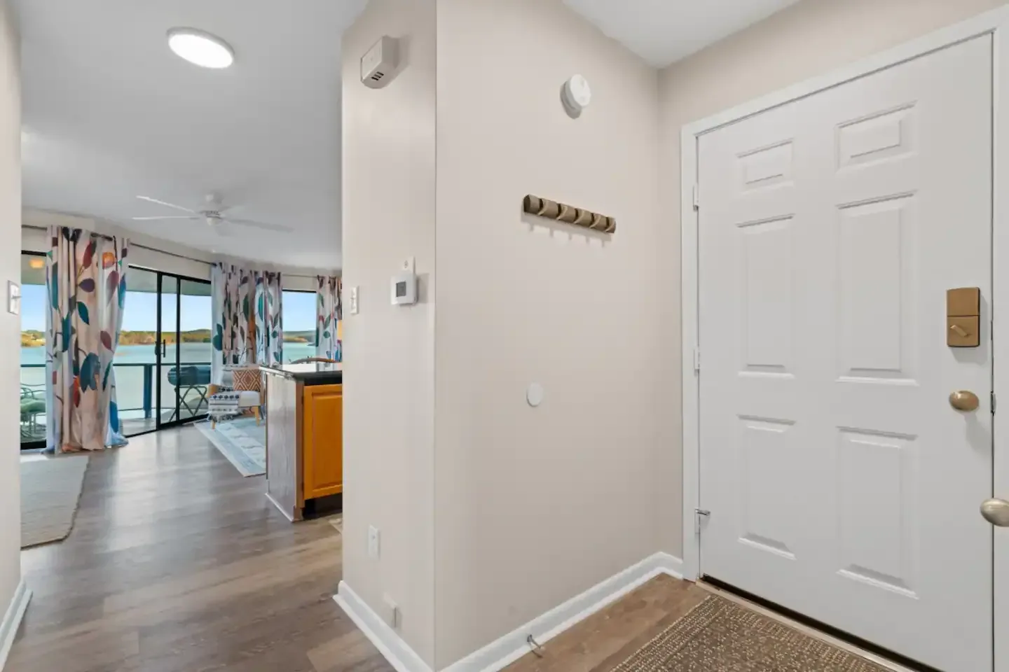 A hallway in a house with a white door and a rug.