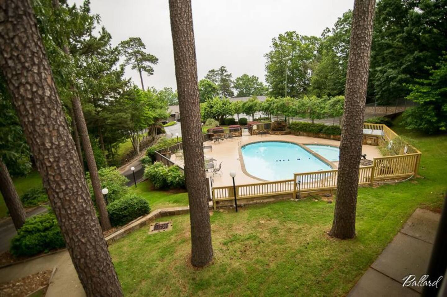 An aerial view of a swimming pool surrounded by trees