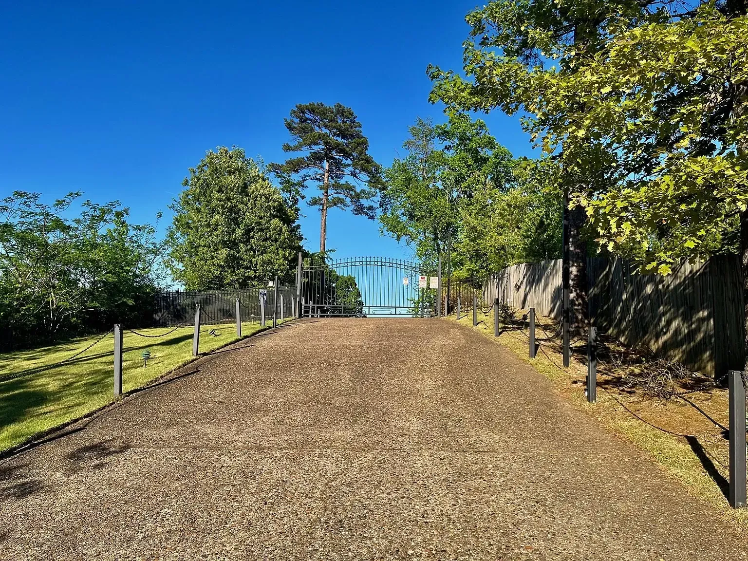 A dirt road leading to a gate surrounded by trees on a sunny day.