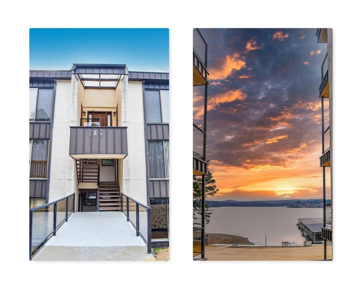 Two pictures of a building and a sunset over a body of water.