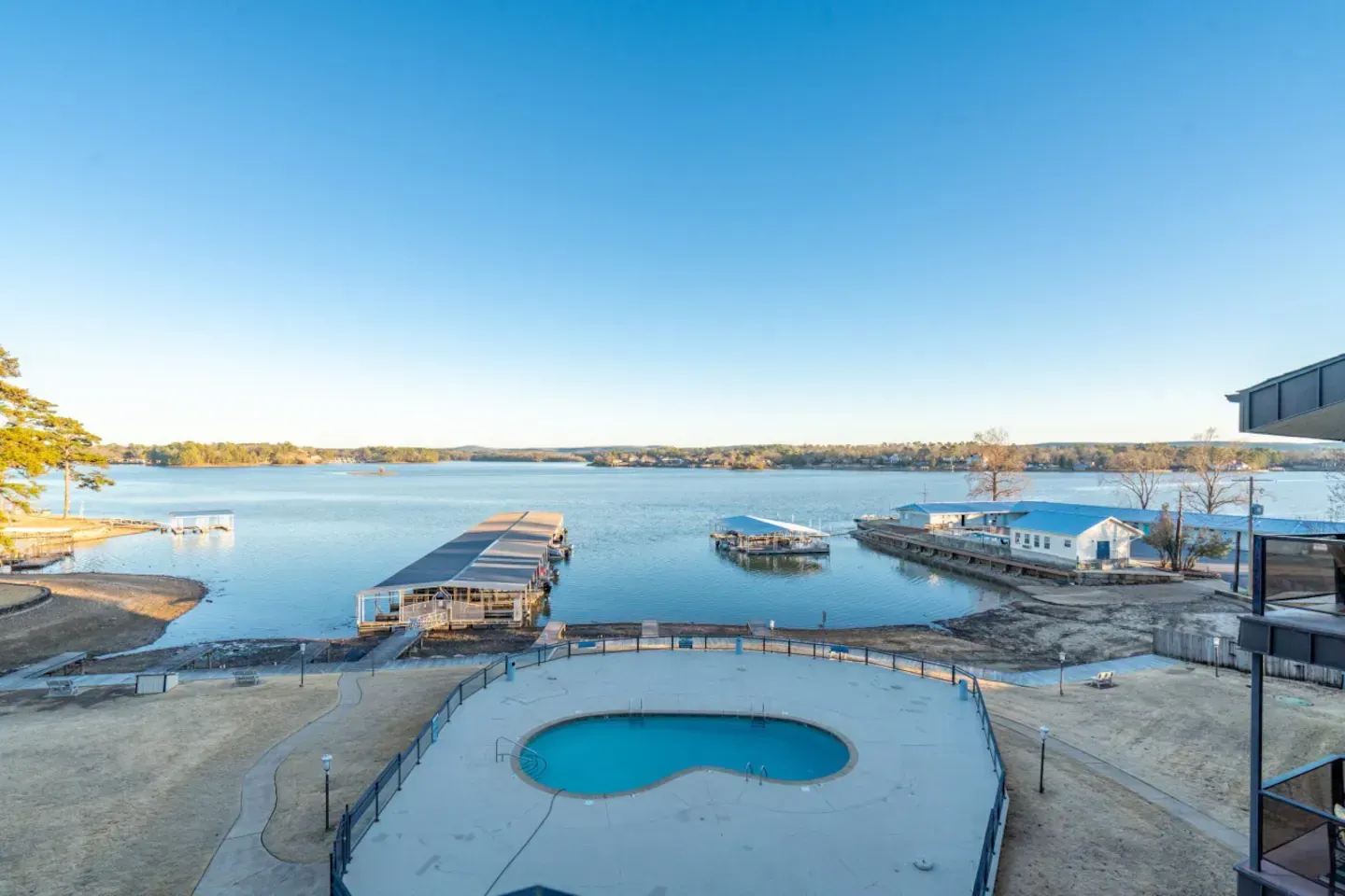 There is a large swimming pool in the middle of the lake.