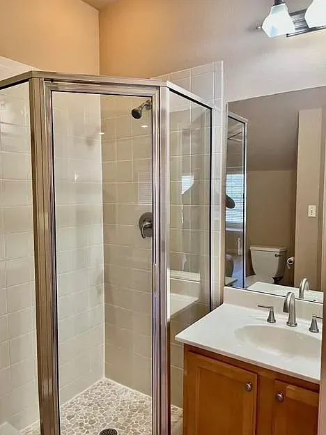 A bathroom with a walk in shower , sink and mirror.