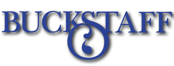 A blue logo for buckstaff with a shadow on a white background