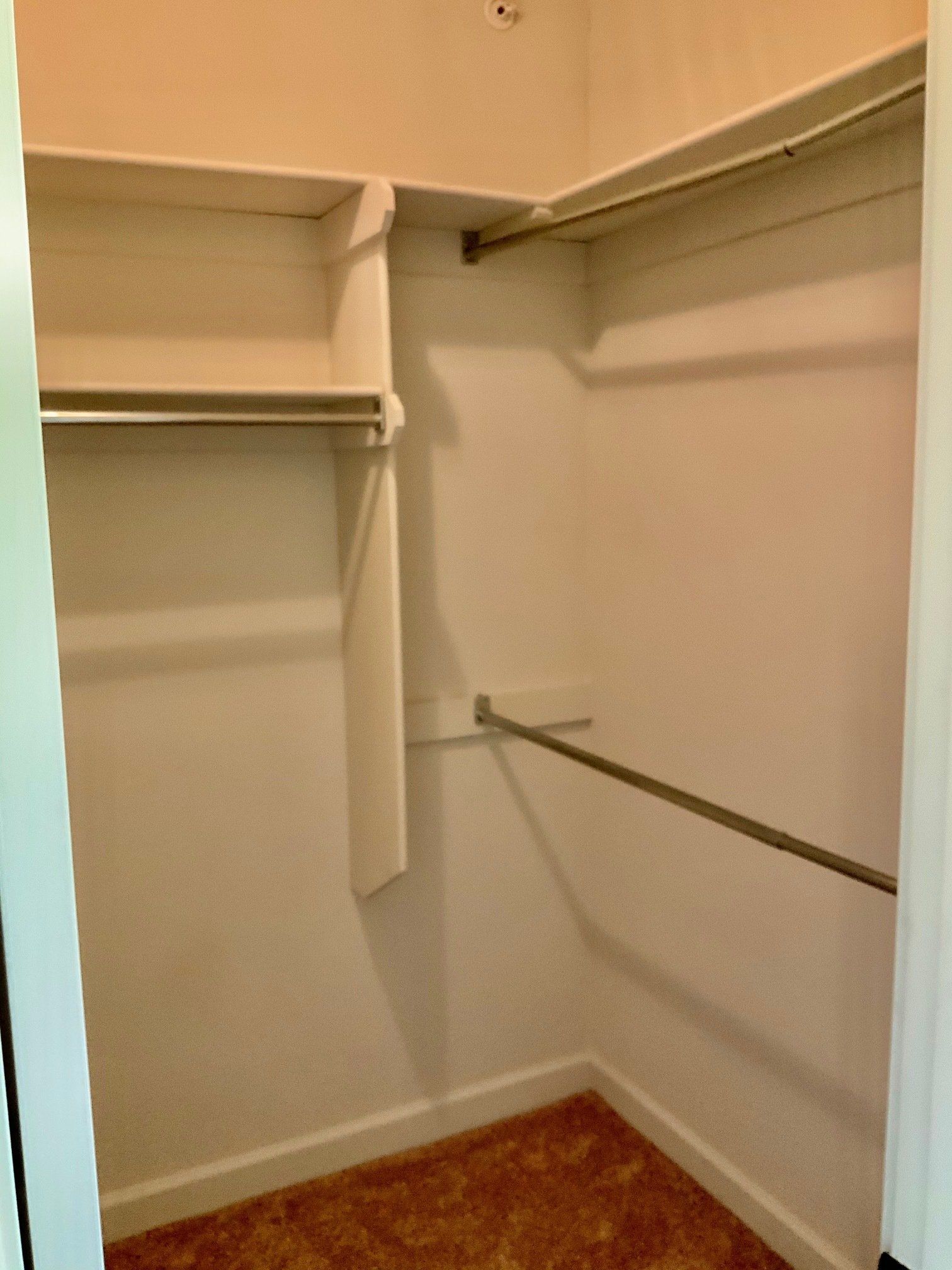 An empty walk in closet with a metal railing and shelves.
