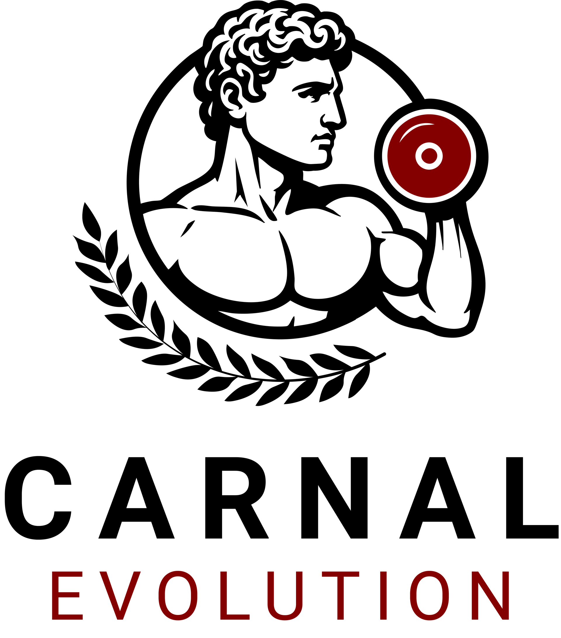 The logo for carnal evolution shows a man lifting a dumbbell.