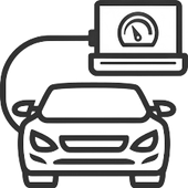 Car connected to a diagnostic device, displaying a gauge.