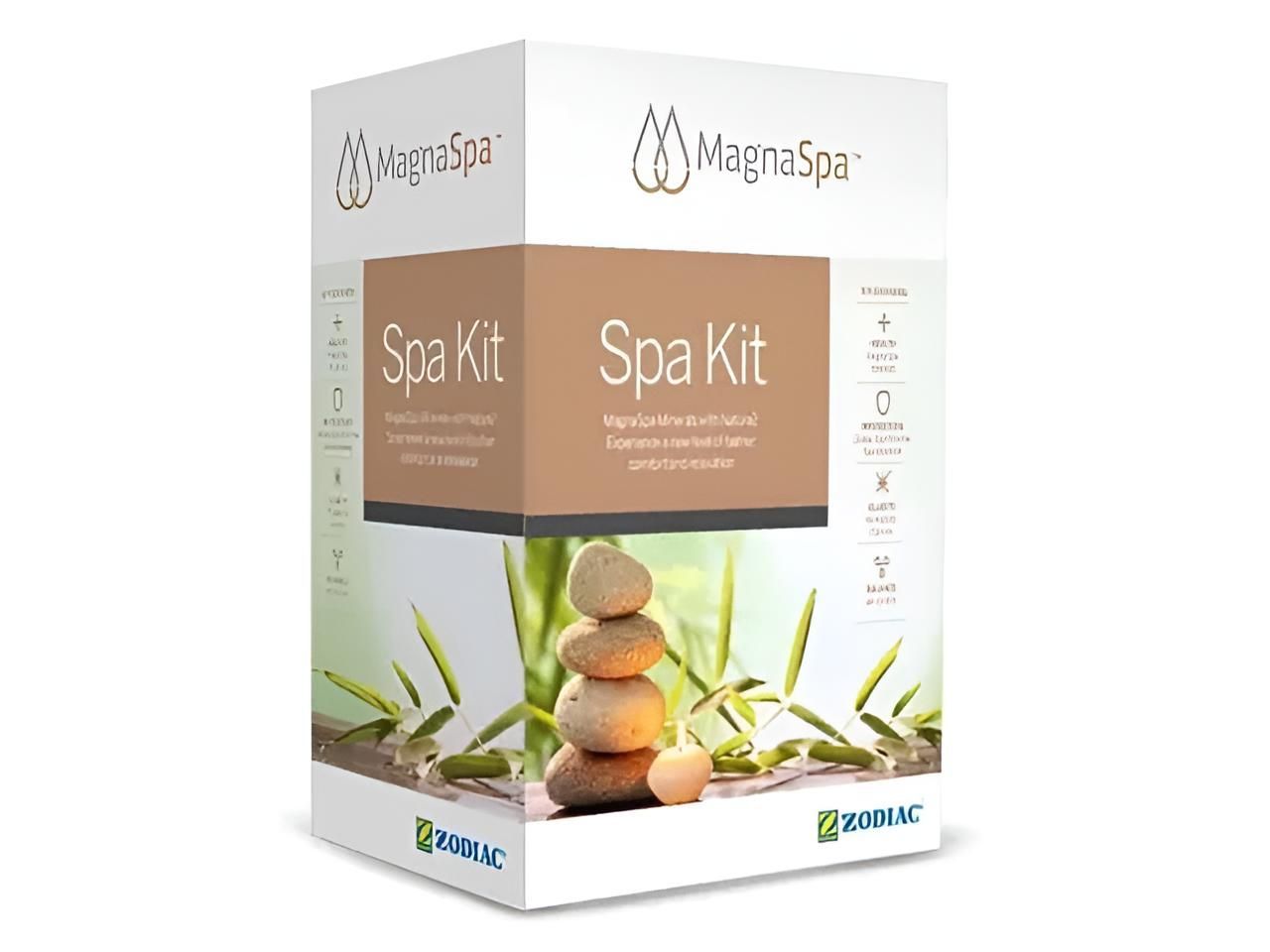 A Box of MagnaSpa, Spa Kit With a Picture of a Stack of Rocks — Taree Pool Supplies in Taree, NSW