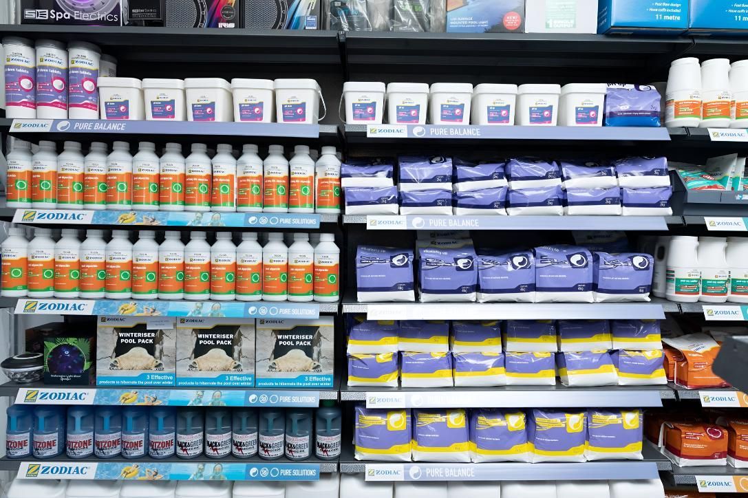 A Shelf in a Store Filled With Lots of Different Types of Products — Taree Pool Supplies in Forster, NSW