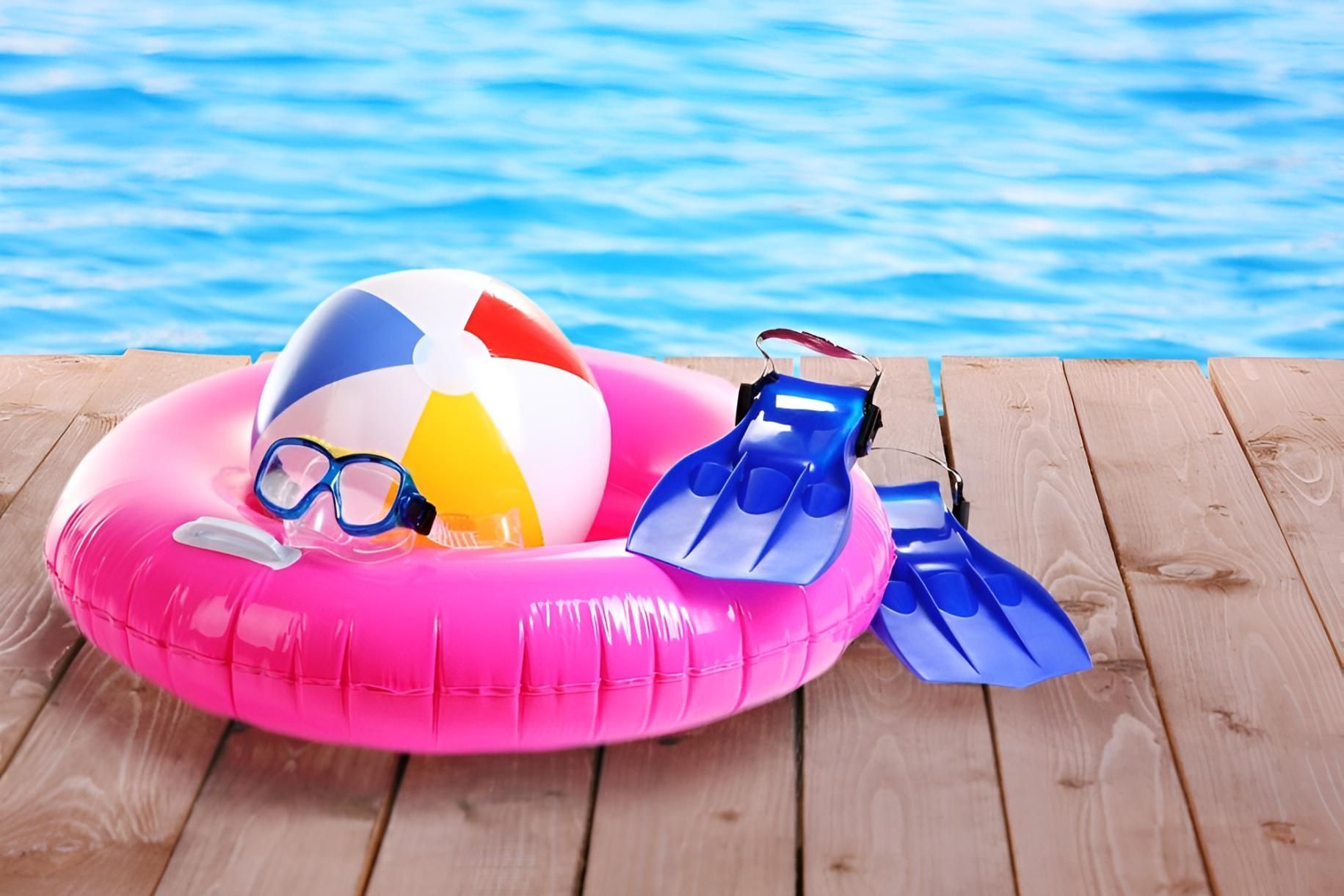 A Pink Float With a Beach Ball , Goggles and Flippers on a Wooden Dock — Taree Pool Supplies in Forster, NSW