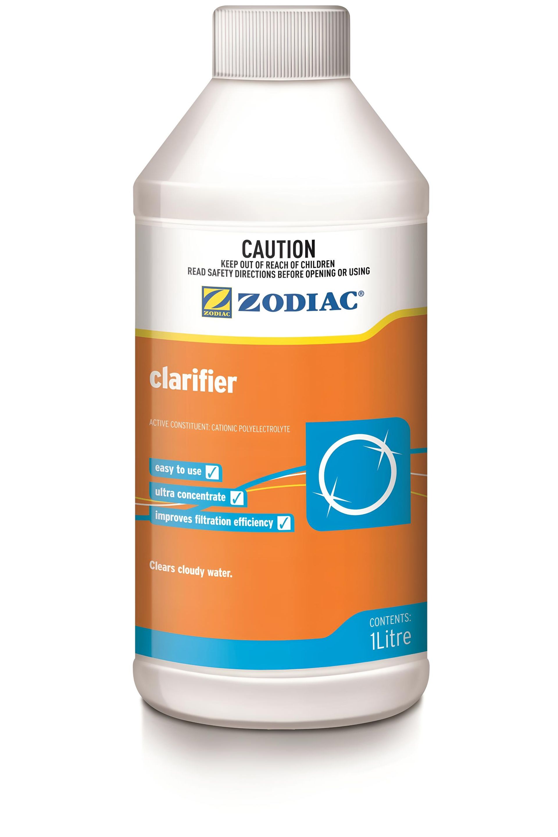 A Bottle of Zodiac Clarifier on a White Background — Taree Pool Supplies in Taree, NSW