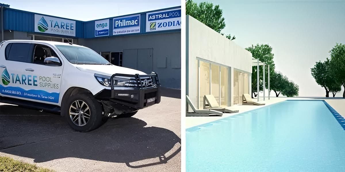 A White Truck is Parked in Front of a Building Next to a Swimming Pool — Taree Pool Supplies in Taree, NSW