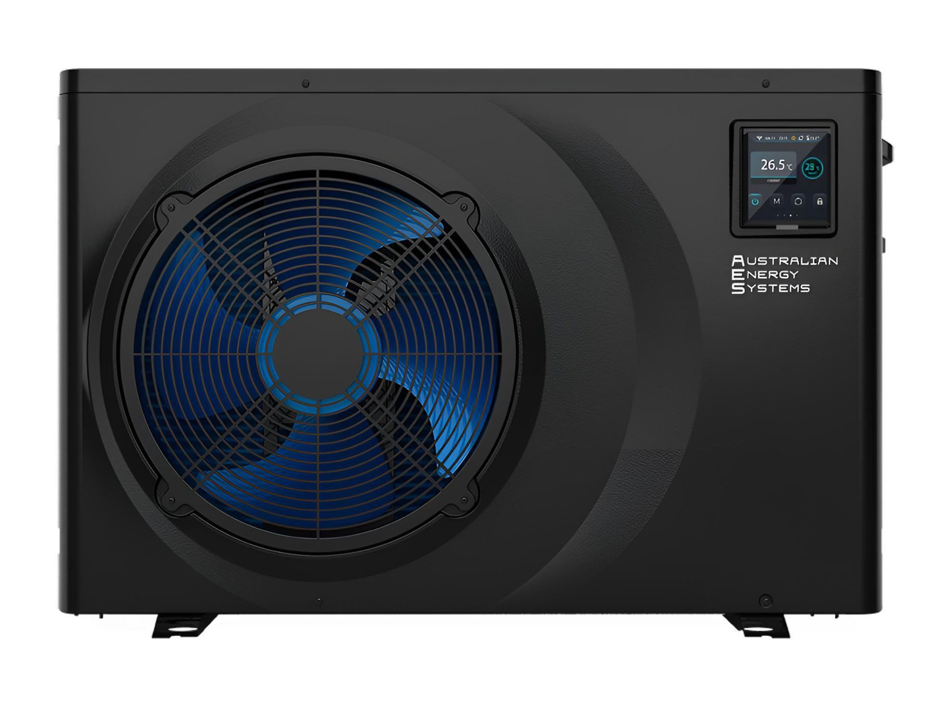 A Black Swimming Pool Heater With a Blue Fan on a White Background — Taree Pool Supplies in Forster, NSW