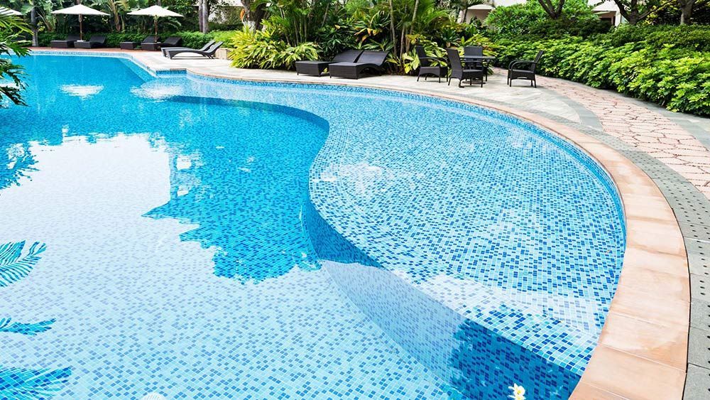 A Large Swimming Pool Surrounded by Chairs and Umbrellas — Taree Pool Supplies in Taree, NSW
