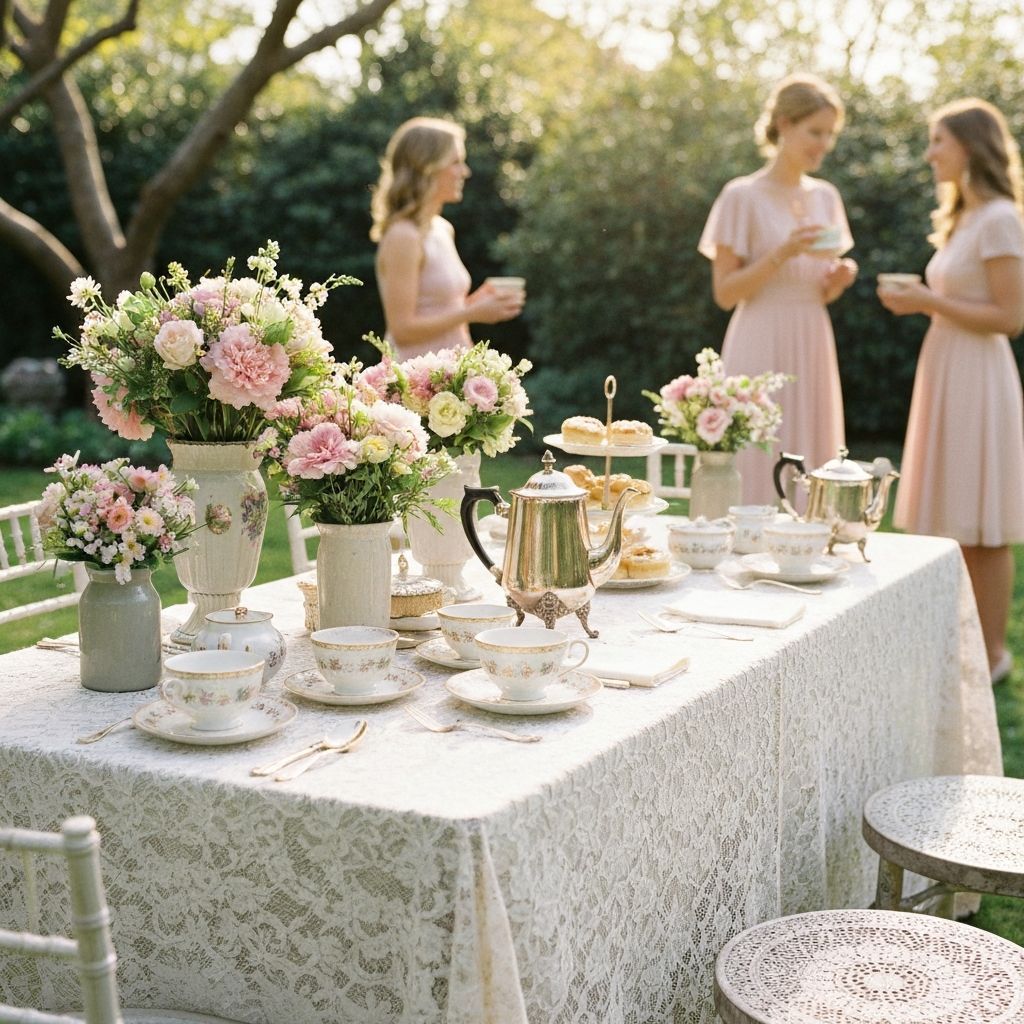 Elegant outdoor tea party with floral arrangements, table setting, and women in pink dresses.