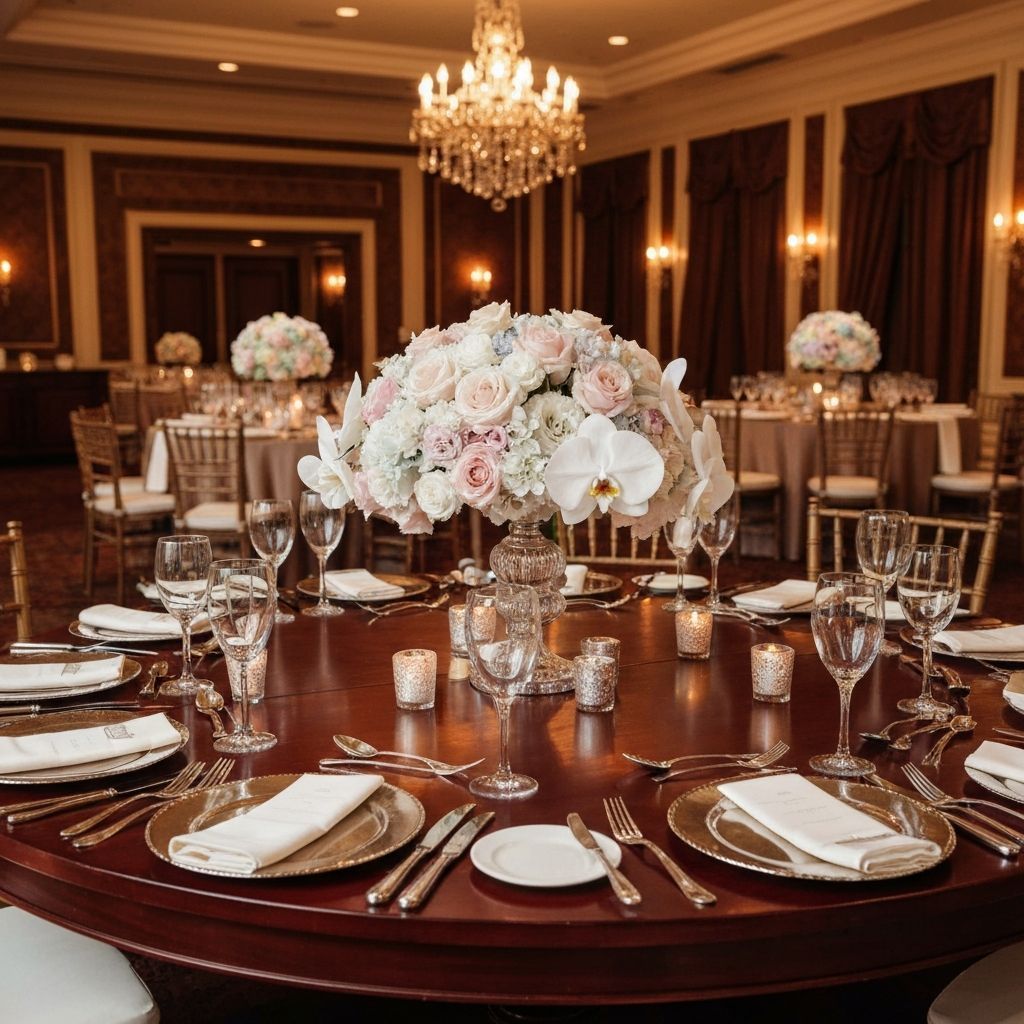 Elegant wedding reception table setting with floral centerpiece and gold accents.