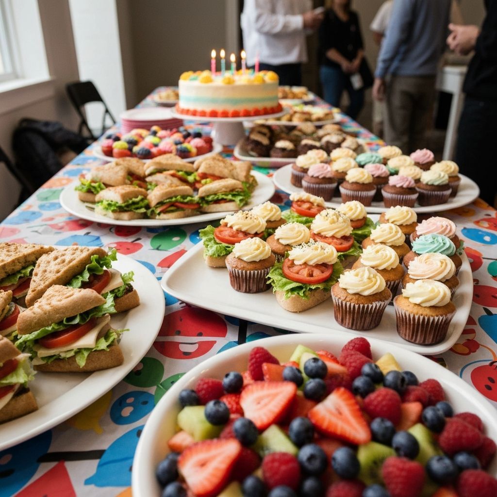Party table laden with food: sandwiches, cupcakes, fruit, and cake with lit candles.